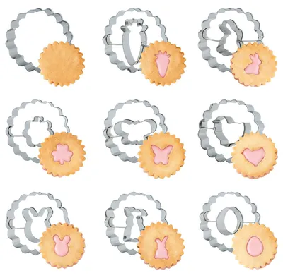 Produktbild von Osterkeksformen aus Edelstahl, 9-teilig, 6 cm, Hasen, Eier, Karotten, ideal für Kekse, Plätzchen und Desserts.