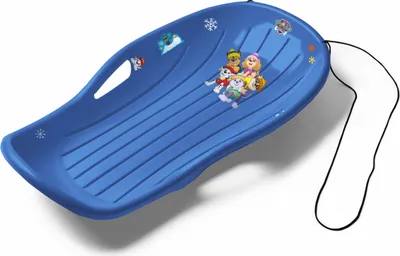A blue plastic sled with Paw Patrol characters on it, shown on a white background.