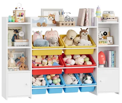 Obrázek produktu pro Dětská police na hračky – úložný prostor na hračky a knihovna – 8 vyjímatelných boxů – dřevo – 138 x 29 x 94 cm – červená