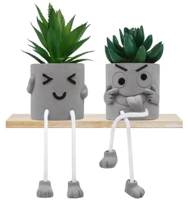 Image de 2 plantes artificielles amusantes pour la décoration, plantes artificielles dans des pots en ciment, lot de mini-plantes artificielles, plantes succulentes en plastique pour la chambre, la salle de bain, la décoration de table, le bureau et le balcon