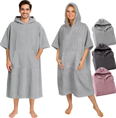 Produktbild von Frottee Badeponcho Damen Herren - Strandponcho 100% Baumwolle Surf Poncho Erwachsene Handtuch Kapuze Bade Surfponcho Bademantel Grau L/XL