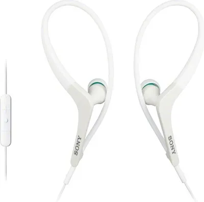 A pair of white Sony sport headphones with ear hooks and an inline remote.