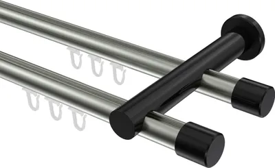 Produktbild von Interdeco Innenlaufstange / Gardinenstange mit Innenlauf Edelstahl-Optik / Schwarz, Typ Platon Santo (Kappe), 20 mm Ø 2-läufig, 280 cm
