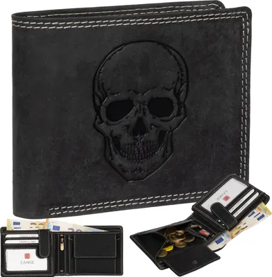 Produktbild von RFID Büffel Echt Leder Geldbörse Portemonnaie Herren mit geprägtem Motiv  Schwarz Querformat Totenkopf