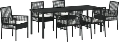 Produktbild von Möbel 7-teiliges Garten-Esszimmer-Set mit Kissen Schwarz Poly-Rattan - Gartenstühle 3379868