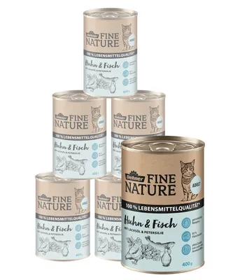 Produktbild von Dehner Fine Nature Katzenfutter, Nassfutter getreidefrei, für ausgewachsene Katzen, Huhn / Fisch, 6 x 400 g Dose (2.4 kg)