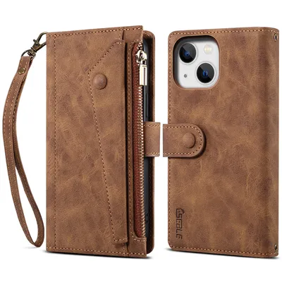 Obrázek produktu pro Ochranné pouzdro pro iPhone 15 Plus kožené pouzdro na zip, skládací peněženka s přihrádkou na karty, stojánek a poutko hnědé