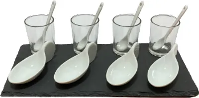 Obrázek produktu pro Vynikající domácí tapas kulatý servírovací set, břidlice/porcelán, 30x15cm, černá/bílá