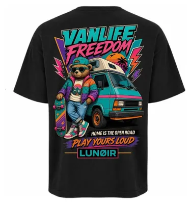 Produktbild von Damen Oversize T-Shirt Schwarz XL – Bedrucktes Shirt mit Vanlife Motiv aus Baumwolle – LUNØIR ©