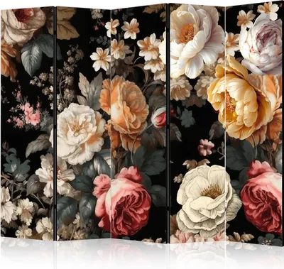 Produktbild von 5-teiliger Doppelseitiger Vlies Paravent - Floristry in Vintage Style - a Plethora of Colorful Flowers on a Black Background 225x172 cm b-H-10017-z-b