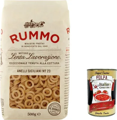 Produktbild von 10x Rummo Anelli siciliani N°23 Pasta Lenta Lavorazione Teigwaren aus Hartweizengrieß Bronze-Zeichnung 500g + Italian Gourmet polpa 400g