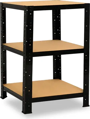 A black metal shelving unit with three wooden shelves, shown against a white background.