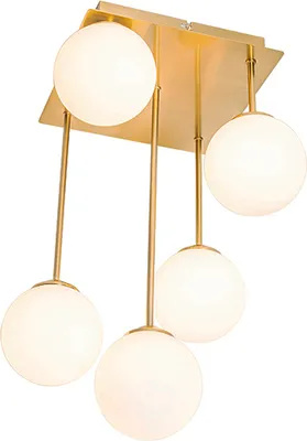 A modern, multi-bulb ceiling light fixture with a brass finish and opal glass globes, presented against a white background.