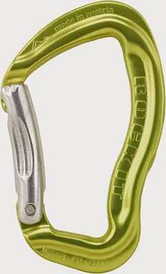 Grüner Rockit Karabiner Schnapper von Austri Alpin; geeignet für Klettern; mit silbernem Verschluss.