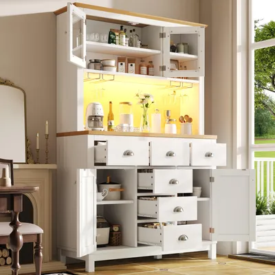 Produktbild von okwish Hochschrank,Küchenschrank mit 6 Schubladen und 4 Türen,Seitenboard,Aufbewahrungsschrank mit LED-Lichtleiste,Buffetschrank mit Offener Stauraum,Weiß