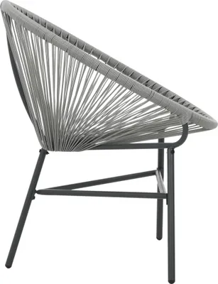 A side view of a gray outdoor chair with a woven seat and metal frame.