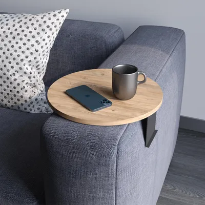 Produktbild von Couch-Tablett Armlehne, Einstellbarer Sofa-Tablett, Getränkehalter, spezielles Design praktischer Metallhalterung, Sitzgarnitur Ablage, Durchmesser ⌀ 35 cm (Holz-Optik)