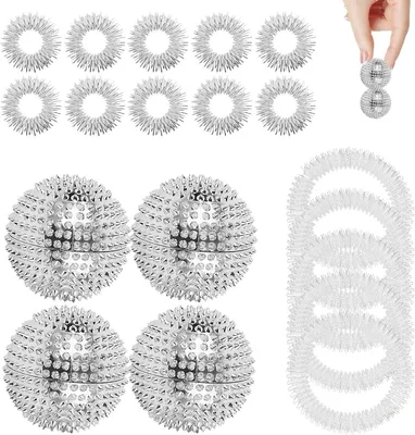 Produktbild von 4-teiliges Massageball-Set mit 10 Massagekugeln und 5 Massagearmbändern, stacheliger Massageball zur Akupressur, zur Stressreduktion und zur Lösung von Verspannungen (Silber)