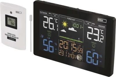 EMOS Funk-Wetterstation für Innen- und Außentemperatur mit Außensensor, Farbdisplay, Wettervorhersag