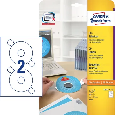 Produktbild von CD-Etiketten Inkjet/Laser/Kopier 117mm weiß VE=25x50 Stück mit Zentrierhilfe