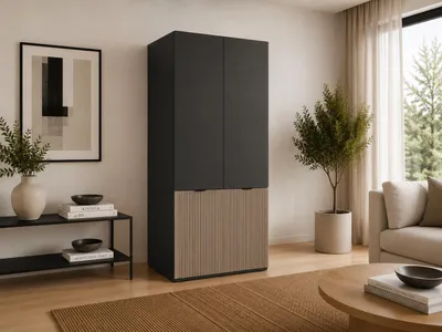 Produktbild von Drehtürenschrank mit Schubladen Falttürenschrank 2-türig Schrank mit Einlegeböden und Kleiderstange, Schlafzimmer  - Schrank Minewra 100 - Schwarz + Sento