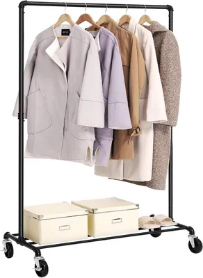 Obrázek produktu pro Stojací věšák na kolečkách – průmyslový design – kovový – s úložnou policí – nosnost 90 kg