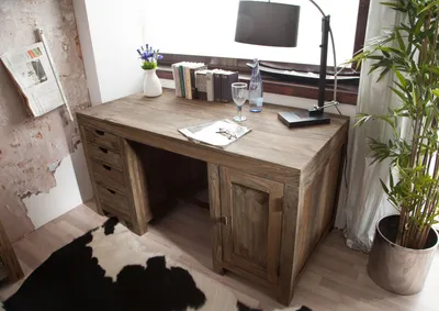 Produktbild von MASSIVMOEBEL24 Schreibtisch Sheesham 150x75x78 grau geölt NATURE GREY #70