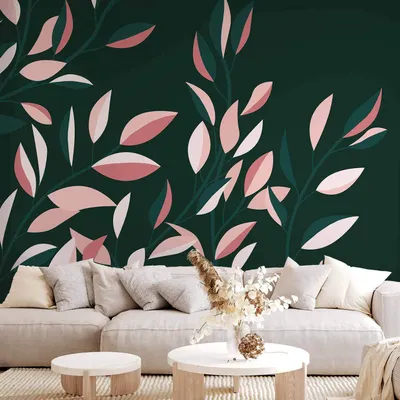 Produktbild von Vlies Fototapete - Flowering vine - minimalist climbing leaves on a green background 450x315 cm Blätter b-A-10108-a-c