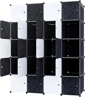 Produktbild von Regalsystem Kleiderschrank aus Kunststoff Steckregal Kleiderschrank Garderobenschrank Schuhregal Kunststoffboxen, 20 Boxen mit Tür, Schwarz mit Muster