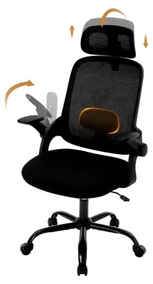 Produktbild von Ergonomischer Bürostuhl mit verstellbarer Kopfstütze und Lendenwirbelstütze, Wippfunktion, für Büro, bis 150 kg, Schwarz
