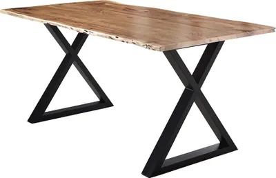 Produktbild von Esstisch 160x85 cm Lubin, Akazienholz naturfarben, Massiver Esszimmertisch mit echter Baumkante, Baumkantentisch mit geschlossenem X-Gestell Schwarz, 26 mm Tischplatte