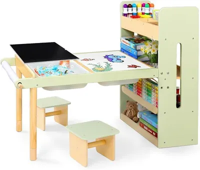 Produktbild von Kindertisch mit 2 Stühle für Alter 3-8, Kinder Schreibtisch und Stühle Set mit Aufbewahrungsboxen & Regale, Sensorische Kunst Tisch mit Tafel Whiteboard