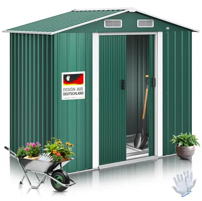 Image de Abri de jardin métallique KESSER® XL 4,2 m³ avec fondations | gants de travail inclus | 195 x 131 x 186 cm |  2 portes coulissantes et fondations | remise à outils | armoire de jardin | remise de jardin à toit en pente