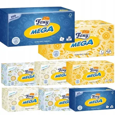 Zdjęcie produktu dla Chusteczki Foxy Mega Ultra miękkie 2 warstwy (200 sztuk) x 8 opakowań