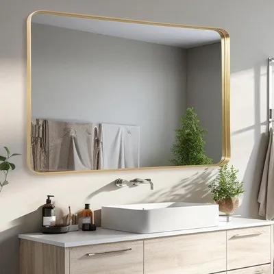 Zdjęcie produktu dla Piękne złote lustro ścienne 75 x 100 cm – prostokątne lustro łazienkowe z łukowymi wykończeniami, idealne do przedpokoju, salonu lub sypialni