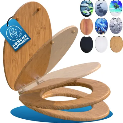 A toilet seat and lid made of bamboo, shown in an open position, with multiple other toilet seats displayed in the background.