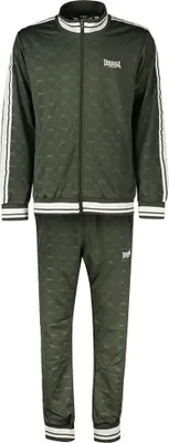 A full view of a green tracksuit with white stripes on the sleeves and trim.