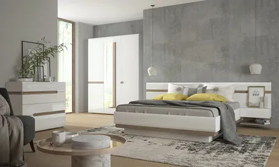 Produktbild von Schlafzimmer Komplett Set mit 160cm Bett und 3-türigem Kleiderschrank, weiß Hochglanz mit Trüffel Eiche Nb., LEGNICA-129