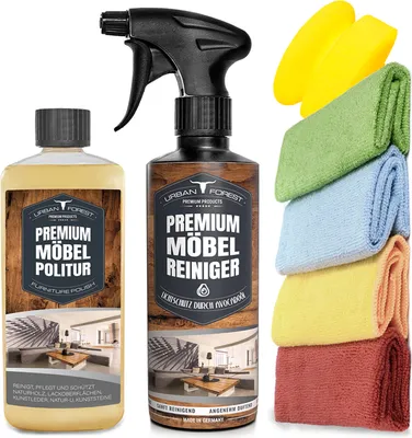 Produktbild von SPARSET Premium Möbelreiniger + Möbelpolitur Holz Öl farblos + Schwamm + 4x Mikrofasertücher zur Reinigung & Pflege von Holz Möbel & Leder