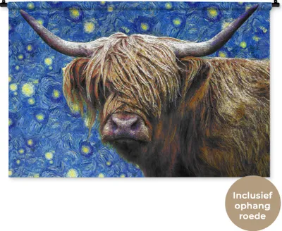 Produktbild von MuchoWow® Wandteppich Wandbehang Scottish Hochlandrind - Sternennacht - Van Gogh 120x80 cm Tapisserie Dekoration Wandtuch - Wanddekorationen - Wandtücher