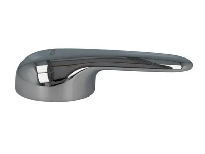 A chrome-plated faucet handle is shown against a white background.