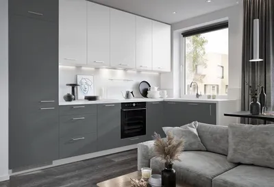 Produktbild von L-Form Küchenzeile "Bonn" Wohnküche 335x155cm Vollauszug weiß Front weiß - dust grey matt