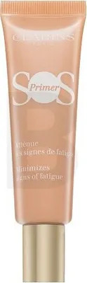 A tube of Clarins SOS Primer foundation with a gold cap, presented against a white background.