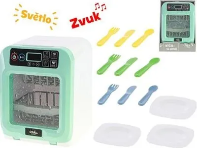A toy dishwasher with accessories, including cutlery and plates, displayed on a white background.