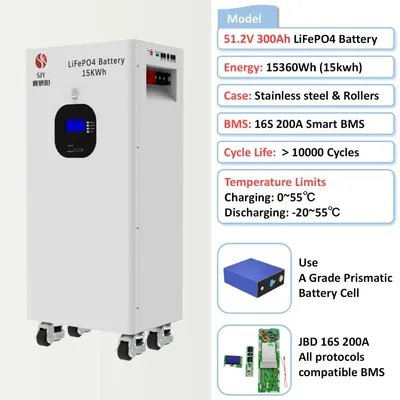 Image de Batterie LiFePO4 - 51,2 V, 300 Ah - 15,36 kWh - 10 000 cycles - Pour systèmes solaires autonomes - CAN/RS485