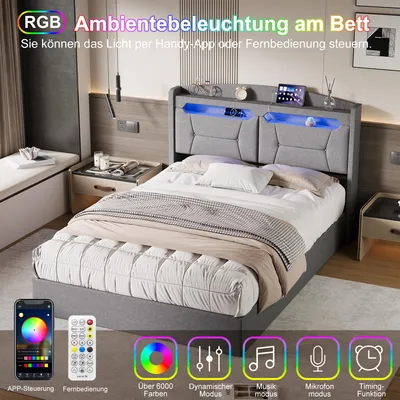 Immagine prodotto di UnboxG Letto imbottito 140x190cm con USB e Type-C, letto matrimoniale per ragazzi con LED, letto contenitore idraulico con rete a doghe, grigio lino