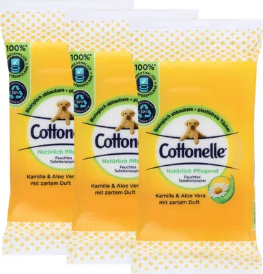 Produktbild von 3x Cottonelle feuchte Toilettentücher Kamille & Aloe Vera 12 Tücher für unterwe