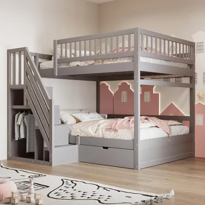 Image de MODFU Lit Superposé 140x200 cm - Lit Double avec Rangement et Échelle Sécurisée, Pin Massif et MDF, Sans Matelas - Gris