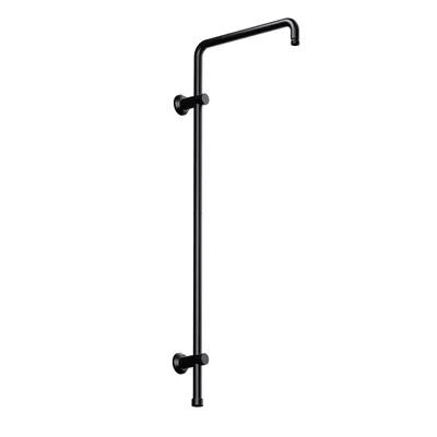 A black shower arm and showerhead mounted on a white background.