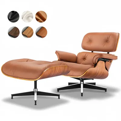 Produktbild von Drehbarer Relaxsessel mit Hocker, braunes Kunstleder, gebogene Holzschale, gepolsterter Loungesessel für Wohnzimmer und Büro, KI-generiertes Bild